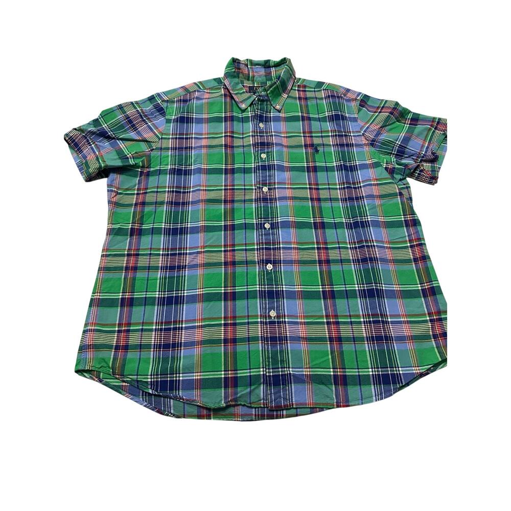 Polo Ralph Lauren Plaid Cotton Short Sleeve Oxford Shirt Green Blue Multi XL Men